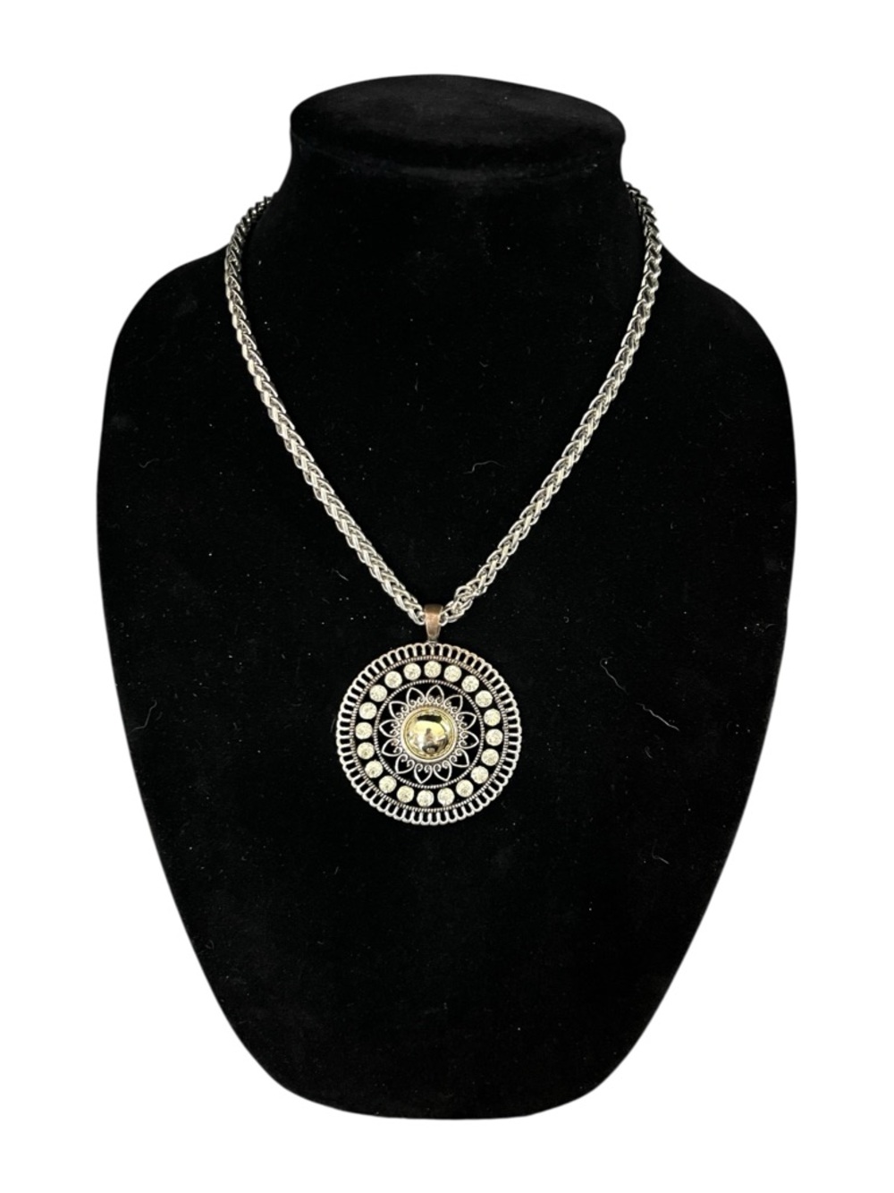 Silver-Tone Round Medallion Pendant Necklace - Black and Silver Accents